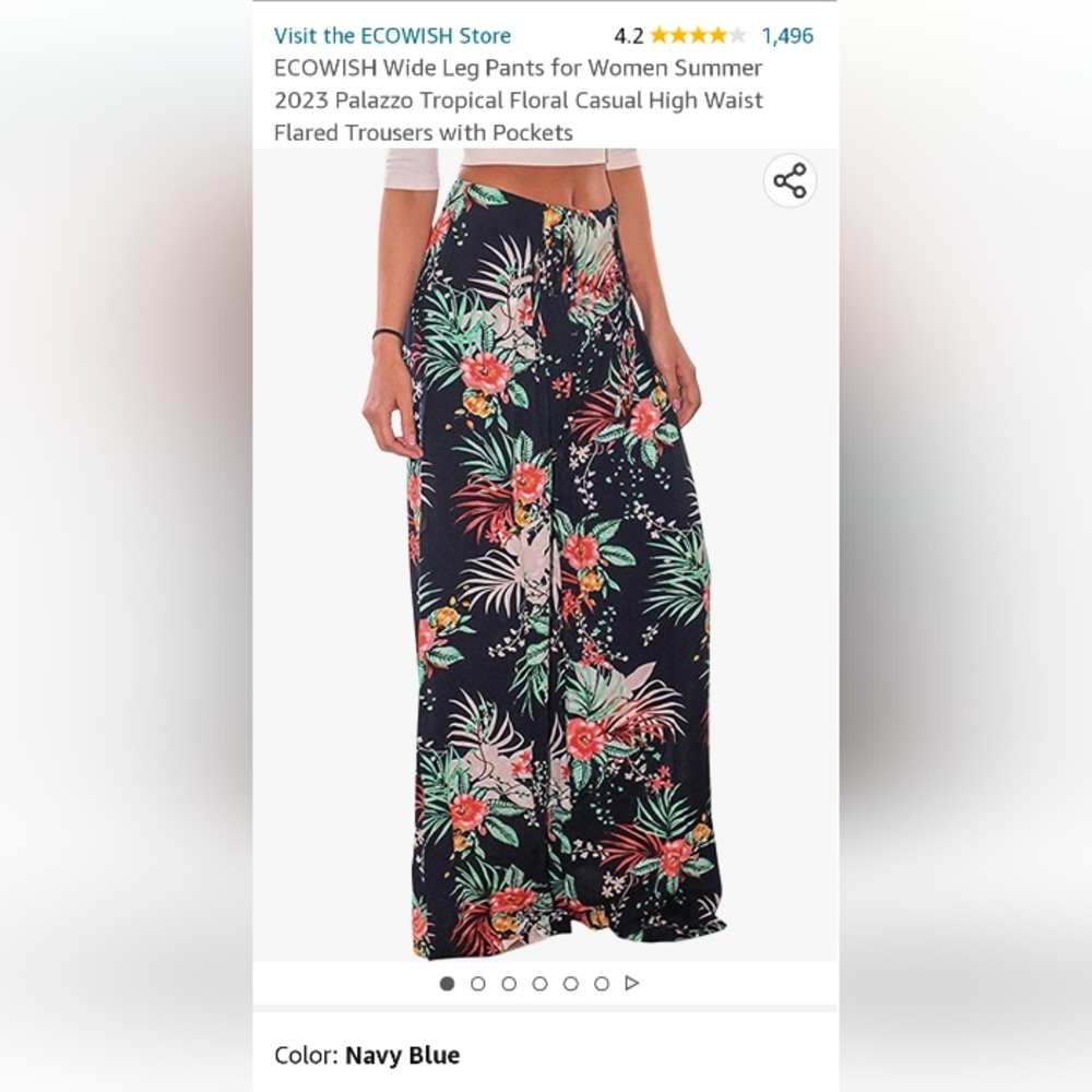 Ecowish Tropical Wide Leg Pants with Elastic Waist & Tie Navy Blue NWOT